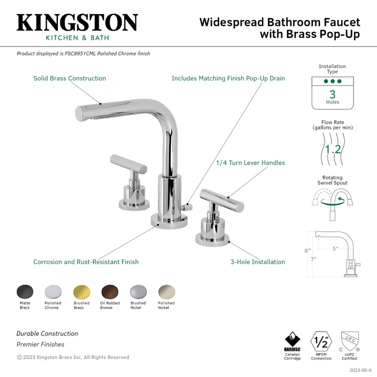 Kingston Brass Manhattan Two-Handle 3-Hole Deck Mount Widespread Bathroom Faucet with Brass Pop-Up Drain