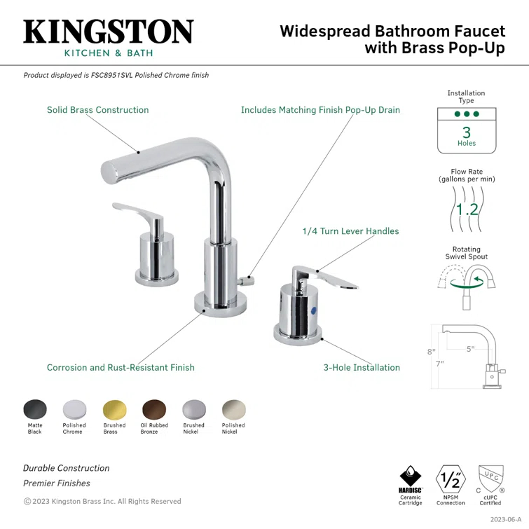 Kingston Brass Serena Two-Handle 3-Hole Deck Mount Widespread Bathroom Faucet with Brass Pop-Up Drain