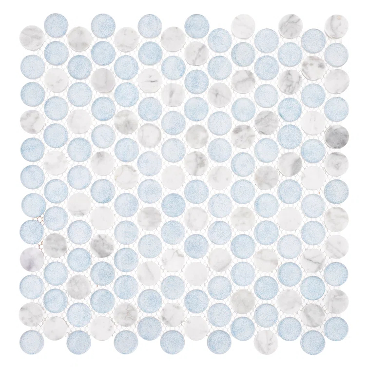 Space 3/4" Penny Round Glass & Natural Stone Mosaic Kitchen Backsplash, Bathroom, Shower, Wall and Floor Tile