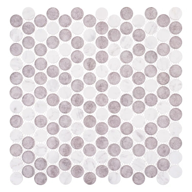 Space 3/4" Penny Round Glass & Natural Stone Mosaic Kitchen Backsplash, Bathroom, Shower, Wall and Floor Tile
