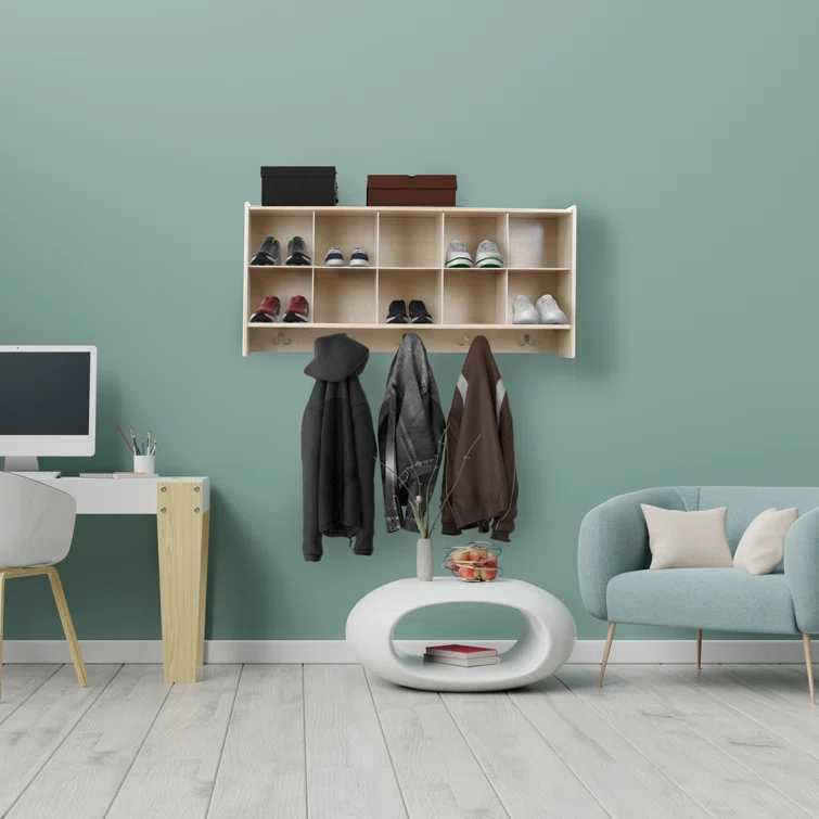 Cubby Storage Organizer with 10 Cubbies, Coat Hooks & Wall-Mounted Hanging Shelf