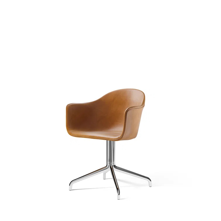Cognac Leather Upholstered Arm Chair with Black Metal Swivel Base