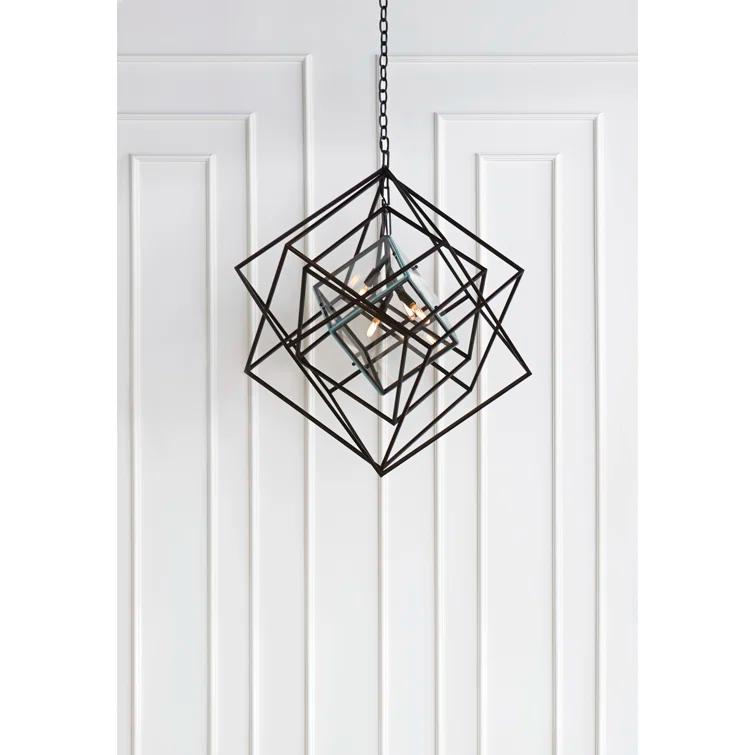 Aged Iron Cubist 4-Light Geometric Chandelier