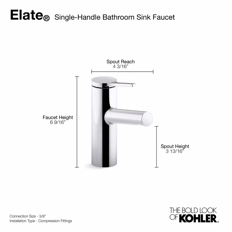 Kohler Elate Single-Handle Bathroom Faucet with Pop-Up Drain Assembly, One Hole Bathroom Sink Faucet, 1.2 gpm