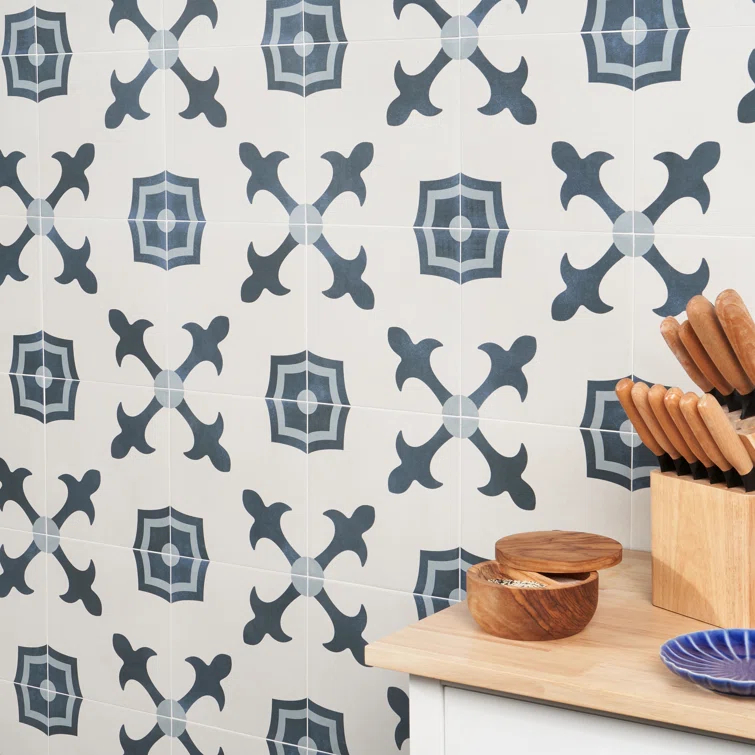 Plumeria Blue and White Square 9 in. x 9 in. Matte Porcelain Floor and Wall Tile (10.65 sq. ft./ Case)