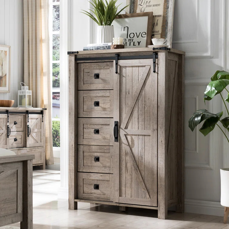 Farmhouse 5 Chest of Drawers, Tall Drawers Dresser with Sliding Barn Door
