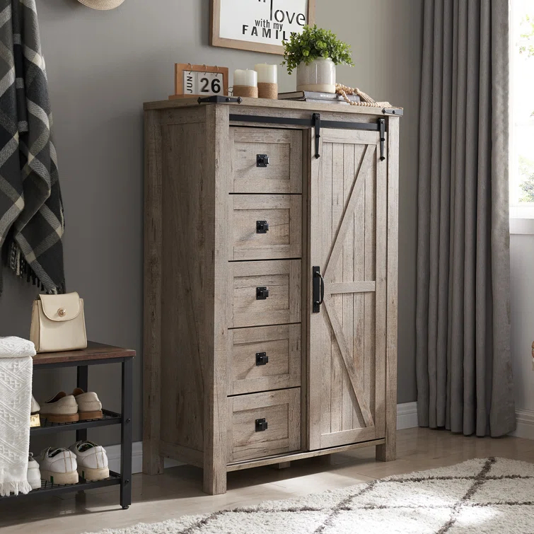 Farmhouse 5 Chest of Drawers, Tall Drawers Dresser with Sliding Barn Door