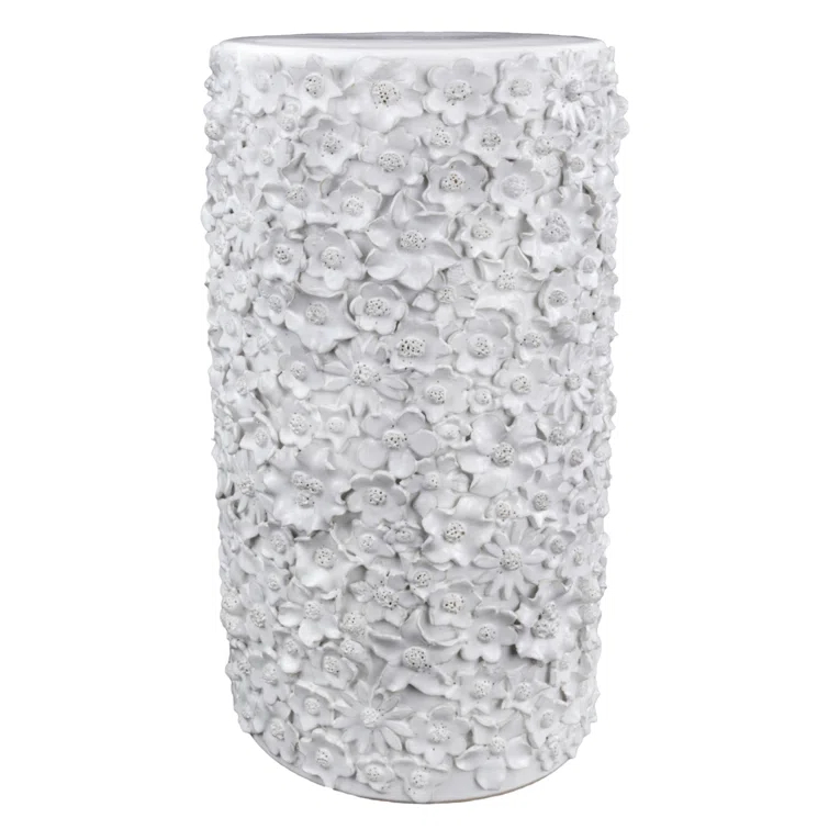 Jessamine White Ceramic Floral Round End Table