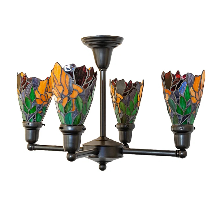 Craftsman Brown 4-Light Chandelier with Ruby and Sunflower Glass Shades