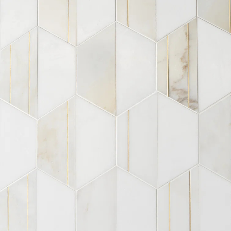 Meld 10.43" x 12.04" Marble and Brass Mosaic Hexagon Tile (0.87 Sq. Ft. / Sheet)