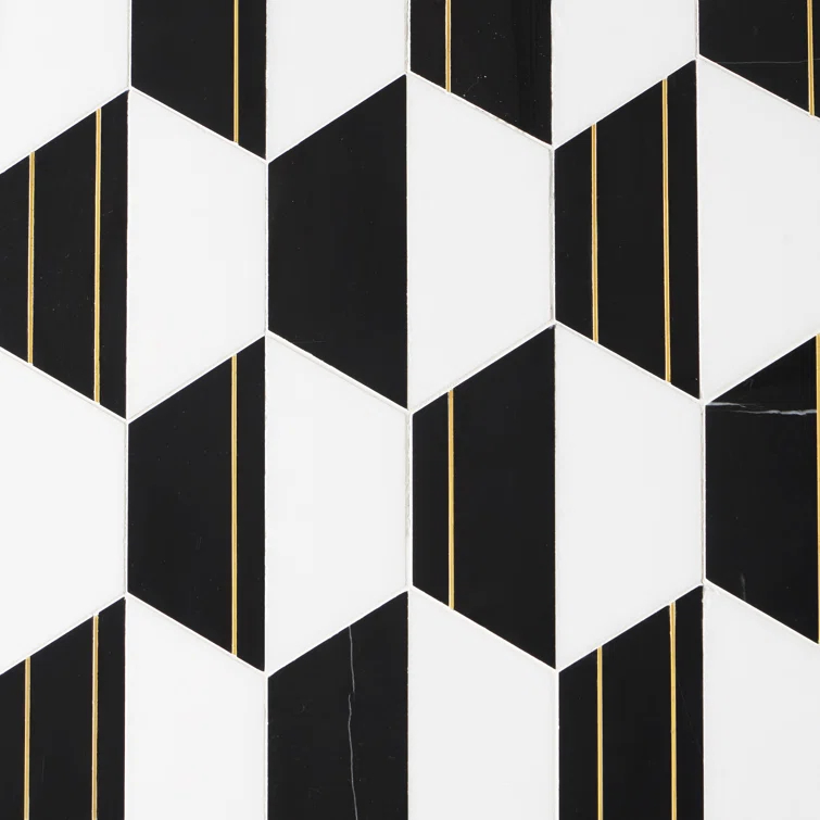 Meld 10.43" x 12.04" Marble and Brass Mosaic Hexagon Tile (0.87 Sq. Ft. / Sheet)