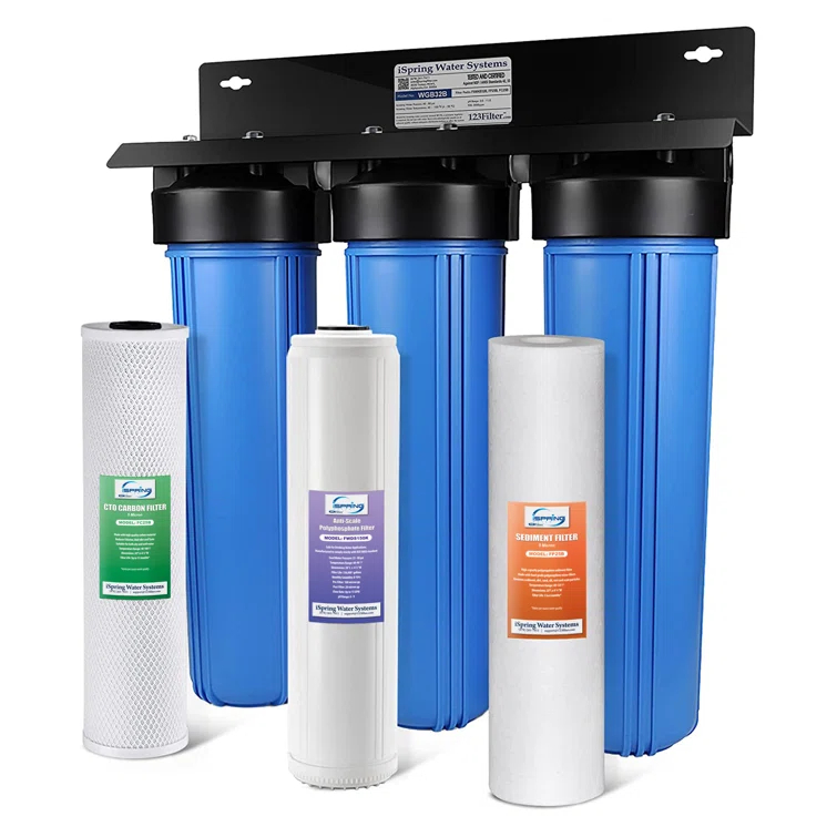 iSpring WGB32B-DS Whole House Water Filter System w/ Sediment, Polyphosphate Anti-Scale, and Carbon Block Water Filters, 3-Stage Water Descaler and Water Filter