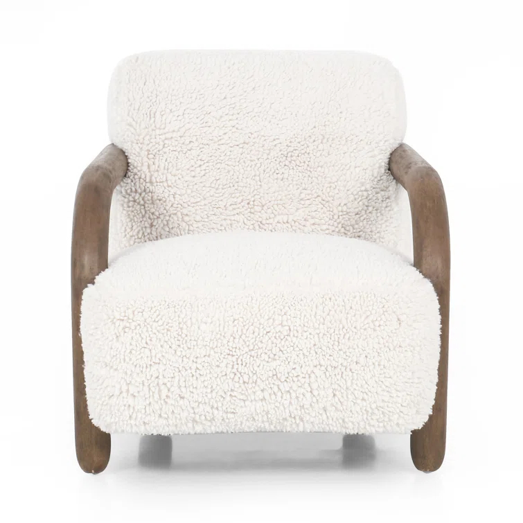 Natural Wood Accent Chair with White Faux Mongolian Shearling