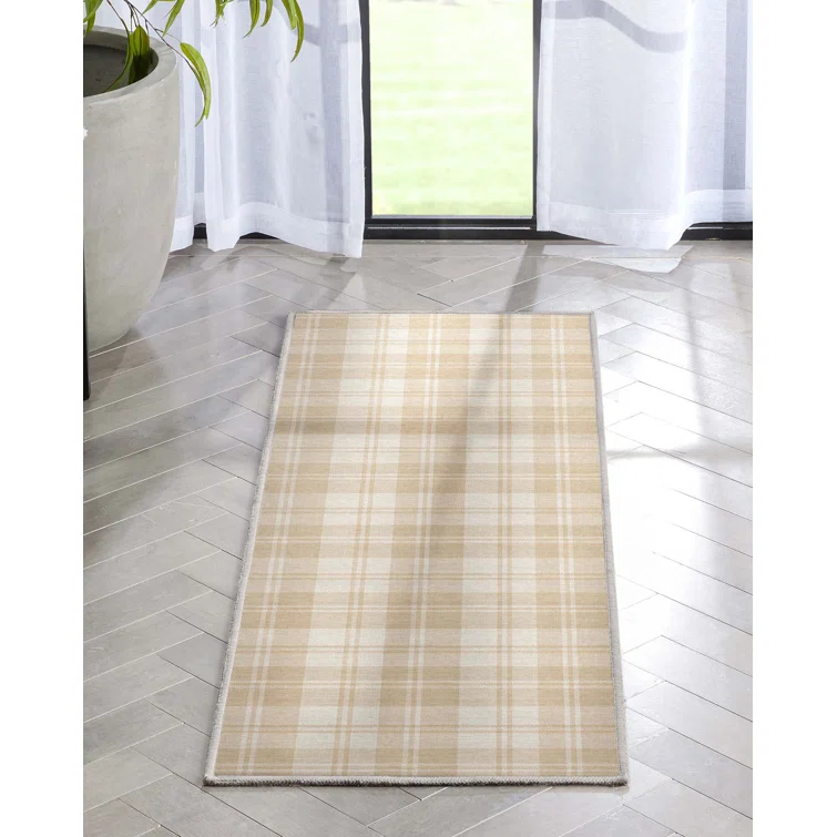 Kehr Plaid Farmhouse Geometric Beige Brown Grey Flat-Weave Area Rug