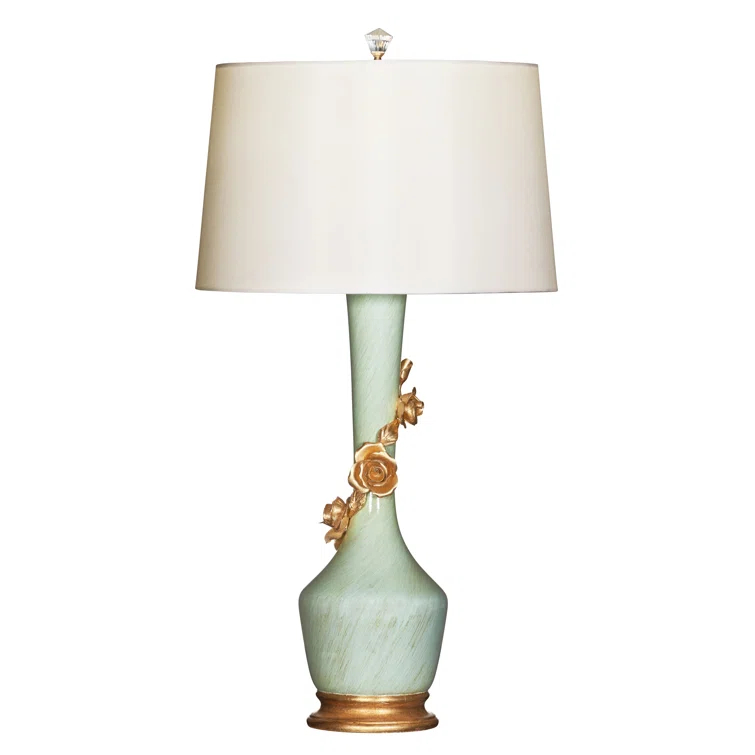 Avril Blue and Gold Floral Table Lamp with Silk Shade
