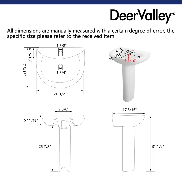 Liberty 31.5" Tall White U-Shaped Vitreous China Pedestal Bathroom Sink with Overflow