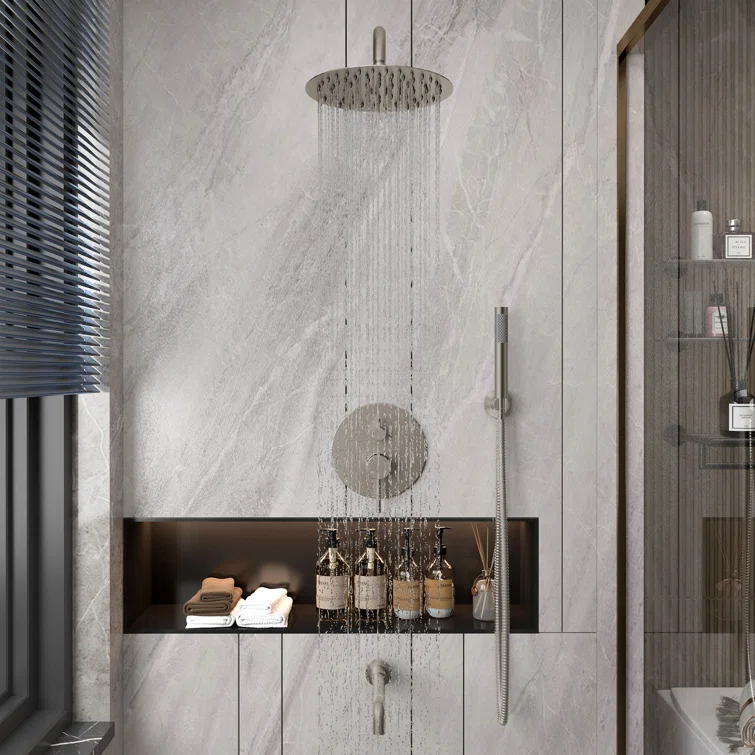 Luxury Wall-Mounted 3-Function Shower System Solid Brass Mixer Valve, 1.8 GPM Flow & Dual Showerheads with Rough-in Valve