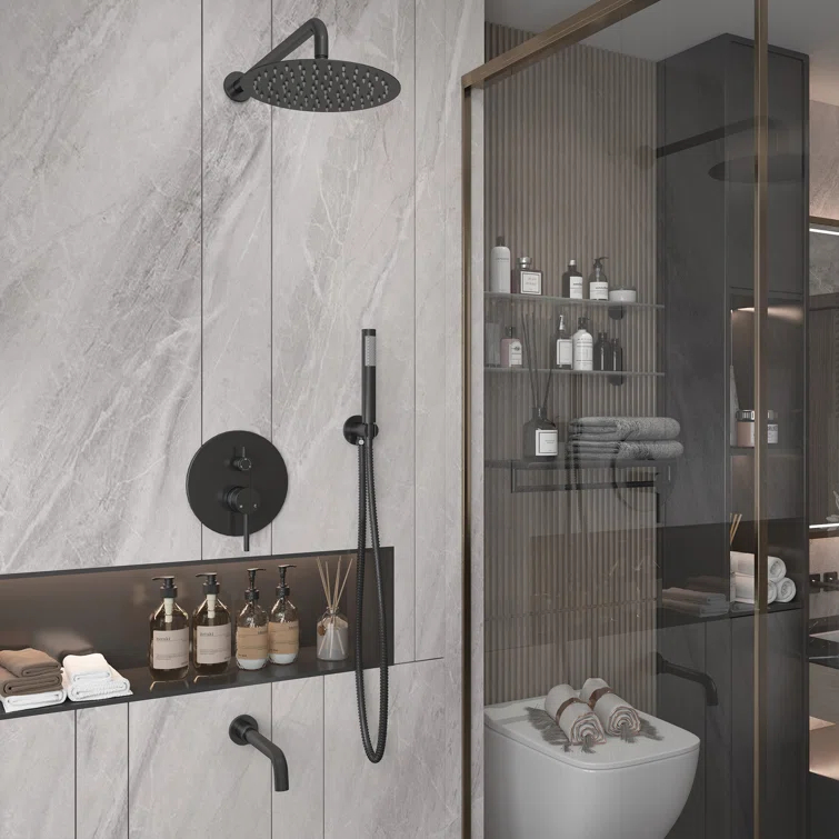 Luxury Wall-Mounted 3-Function Shower System Solid Brass Mixer Valve, 1.8 GPM Flow & Dual Showerheads with Rough-in Valve