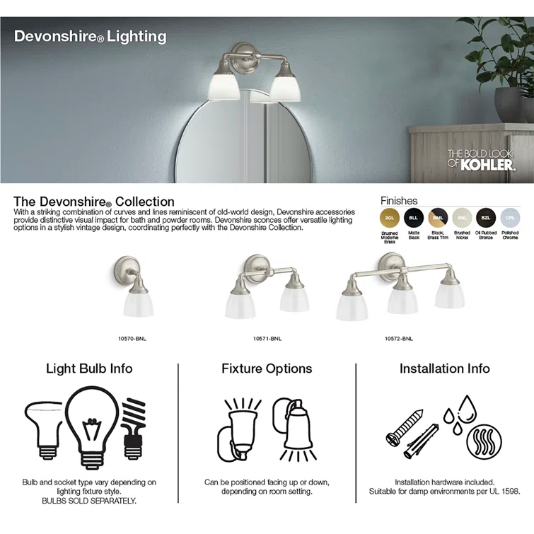 Devonshire 2 Light Indoor Bathroom Vanity Light Fixture, Position Facing Up or Down, UL Listed