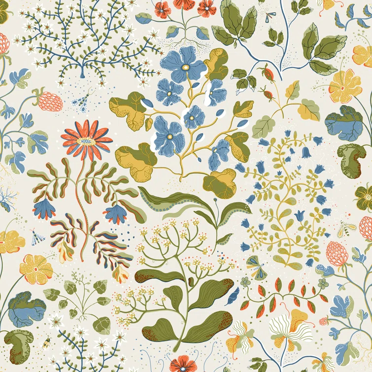 Scandinavian Floral Wallpaper Roll in Multicolor on White
