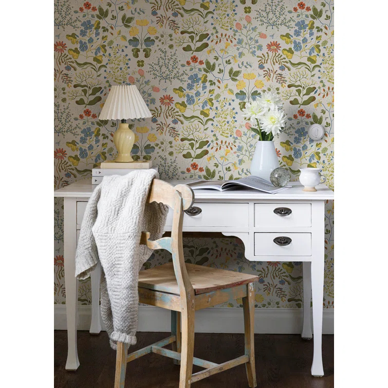 Scandinavian Floral Wallpaper Roll in Multicolor on White
