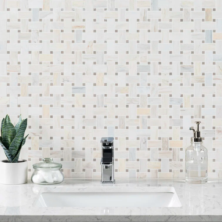 Angora Basketweave 12.5" x 12.5" Polished Marble Mosaic Floor and Wall Tile