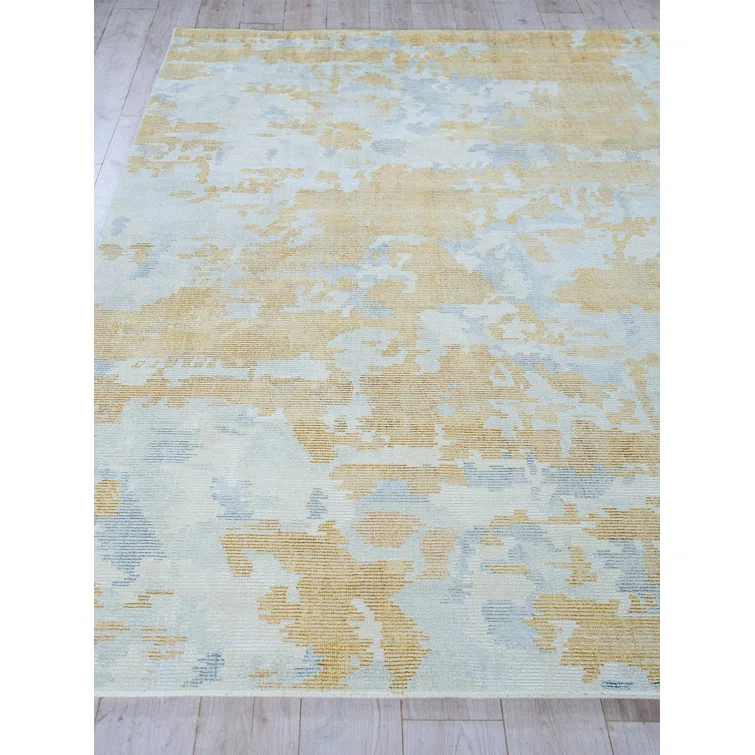 Rectangle Abstract Hand Loomed Wool/Bamboo Slat/Seagrass Area Rug in Silver/Gold