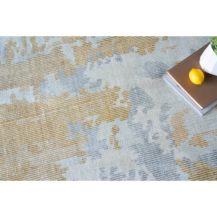 Rectangle Abstract Hand Loomed Wool/Bamboo Slat/Seagrass Area Rug in Silver/Gold