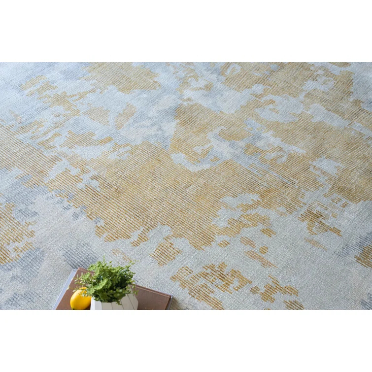 Rectangle Abstract Hand Loomed Wool/Bamboo Slat/Seagrass Area Rug in Silver/Gold