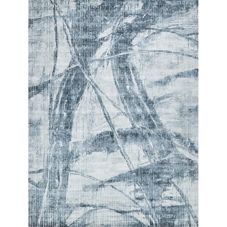Kyoto Rectangle Abstract Hand Loomed Bamboo Slat/Seagrass/Wool Area Rug in Silver/Blue