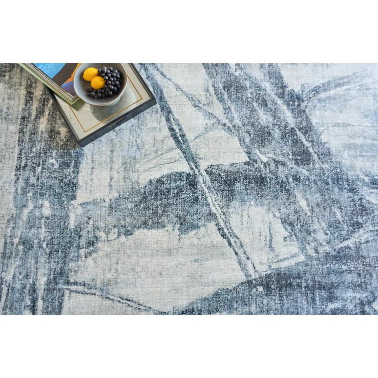 Kyoto Rectangle Abstract Hand Loomed Bamboo Slat/Seagrass/Wool Area Rug in Silver/Blue