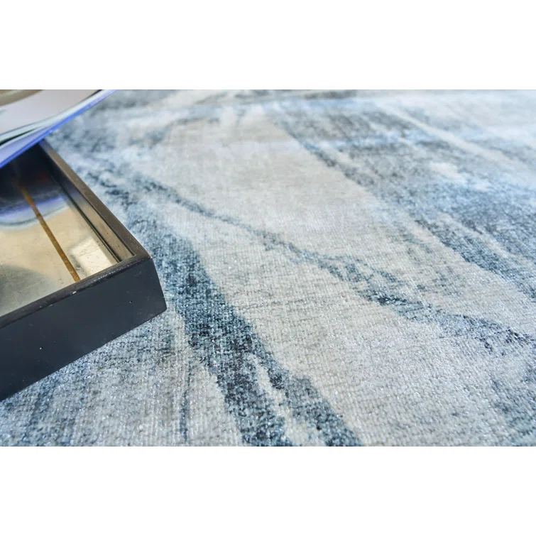 Kyoto Rectangle Abstract Hand Loomed Bamboo Slat/Seagrass/Wool Area Rug in Silver/Blue