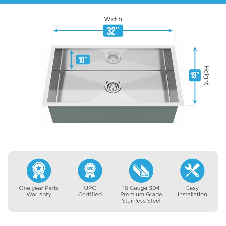 Blue Ocean 32" L x 19" W Single BowlStainless Steel Undermount Kitchen Sink