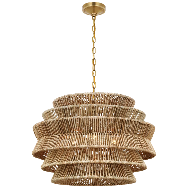 Antique Brass and Abaca Drum Chandelier, 30-Inch