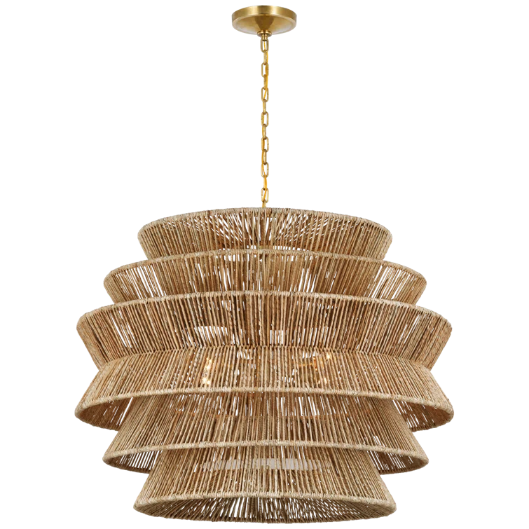 Antique Brass and Abaca 5-Tier Drum Chandelier