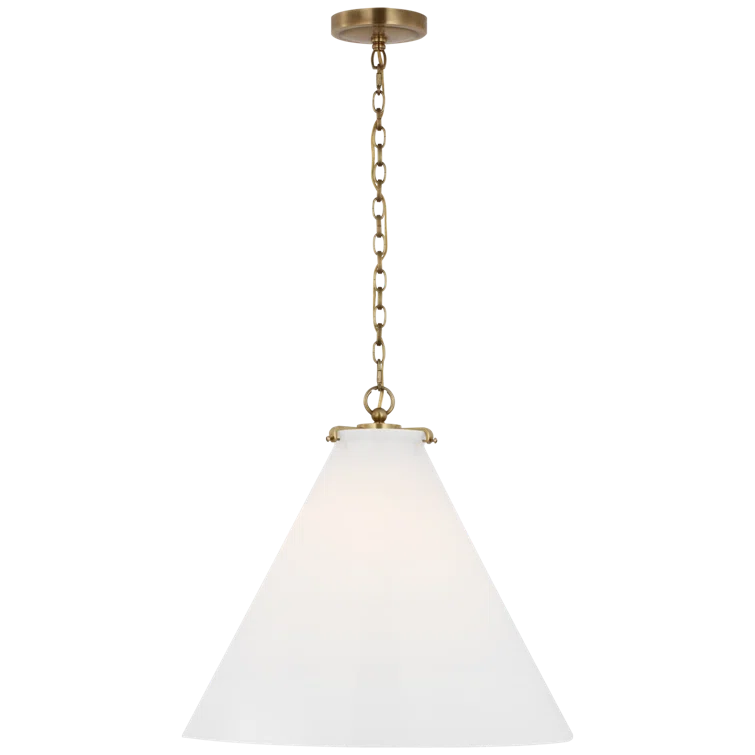 Hand-Rubbed Antique Brass Conical LED Pendant with White Glass Shade