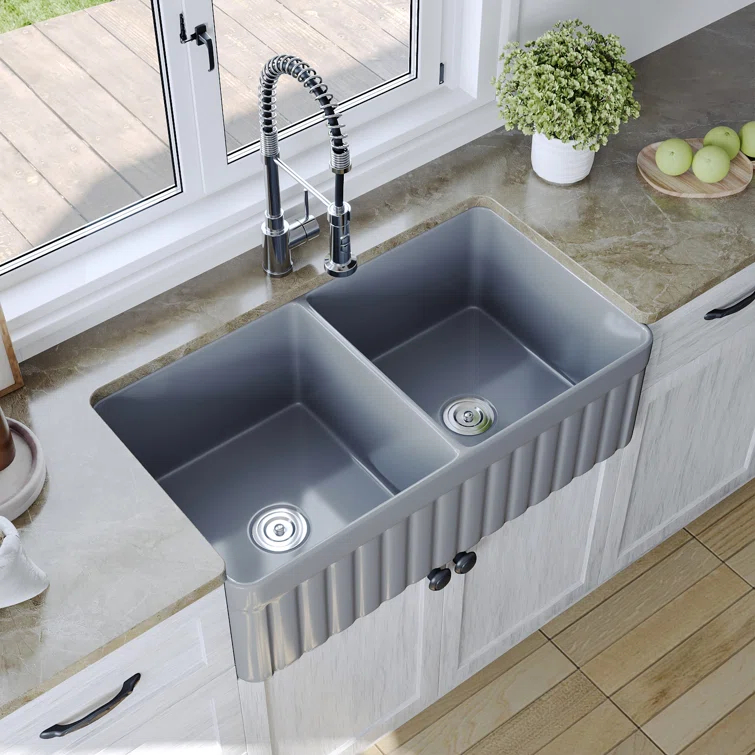 DeerValley Nova 33" L x 18" W Double Bowl Fireclay Farmhouse Kitchen Sink with Sink Grid and Basket Strainer DV-1K0041
