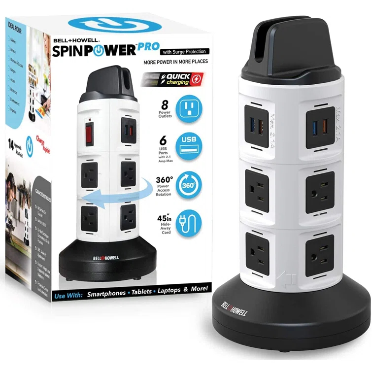 Bell + Howell 360 Degree Spin Power Pro Tower with 8 Outlets and 6 B Ports