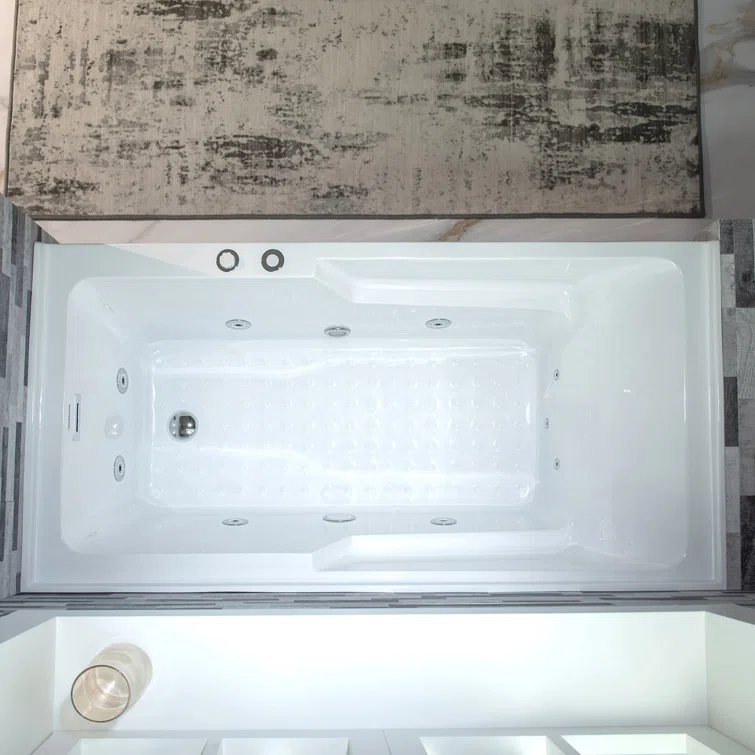 60" x 30" Whirlpool Heated Rectangular Alcove Acrylic Bathtub with Chrome/Matte Black Drain and Overflow