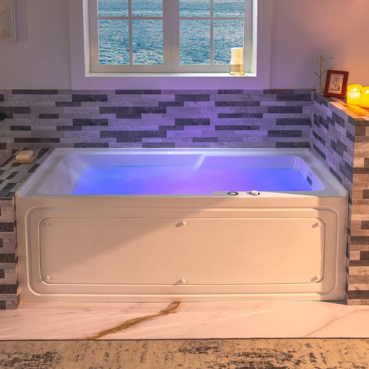 60" x 30" Whirlpool Heated Rectangular Alcove Acrylic Bathtub with Chrome/Matte Black Drain and Overflow