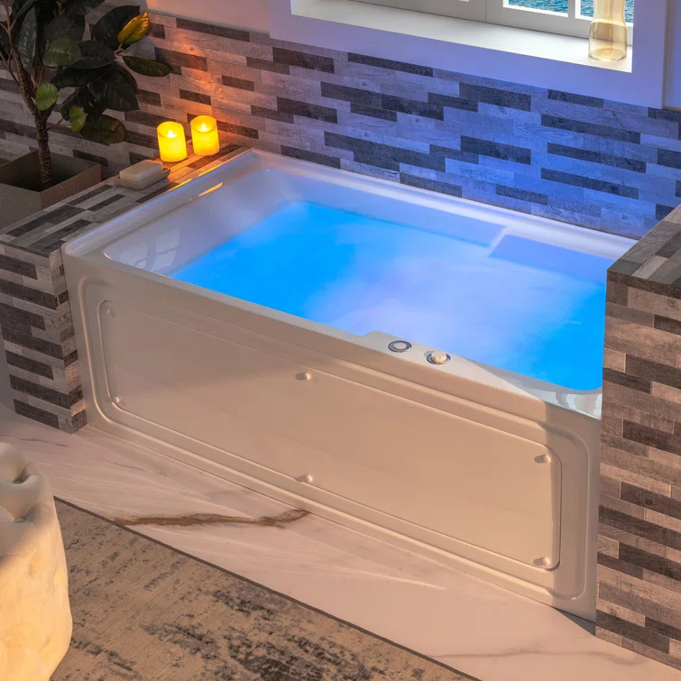 60" x 30" Whirlpool Heated Rectangular Alcove Acrylic Bathtub with Chrome/Matte Black Drain and Overflow