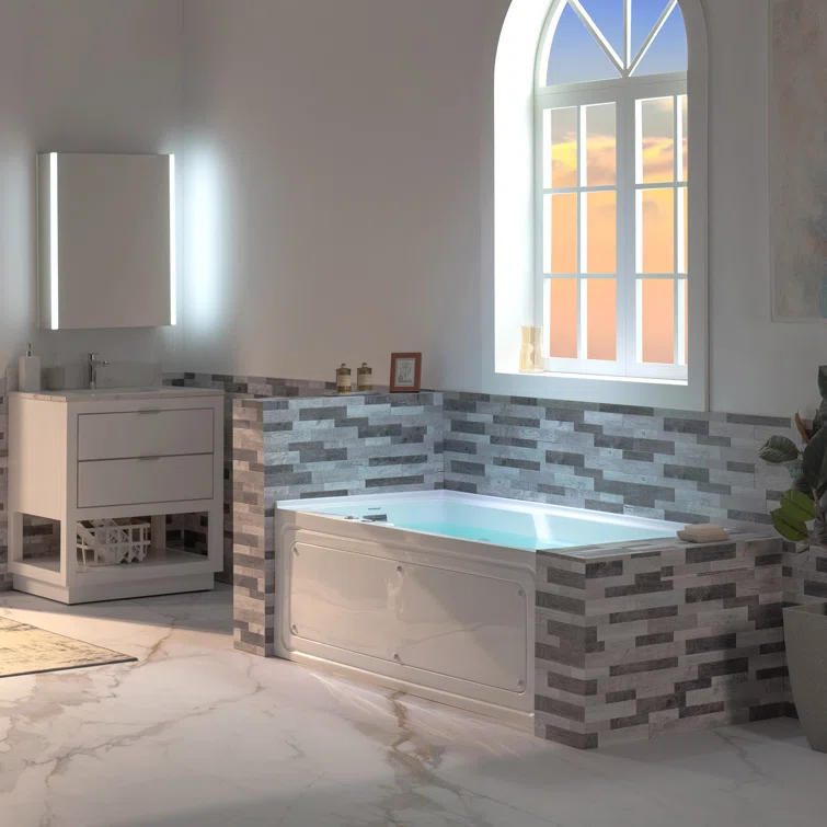 60" x 30" Whirlpool Heated Rectangular Alcove Acrylic Bathtub with Chrome/Matte Black Drain and Overflow