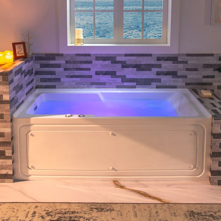 60" x 30" Whirlpool Heated Rectangular Alcove Acrylic Bathtub with Chrome/Matte Black Drain and Overflow