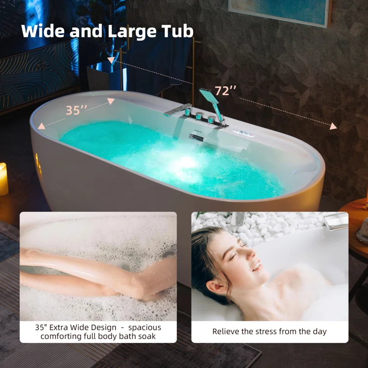 72" x 35.4" Whirlpool and Air Bath Heated Soaking Combination Tub with Tub Filler