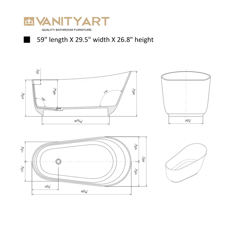 59'' x 30'' Freestanding Soaking Solid Surface Bathtub