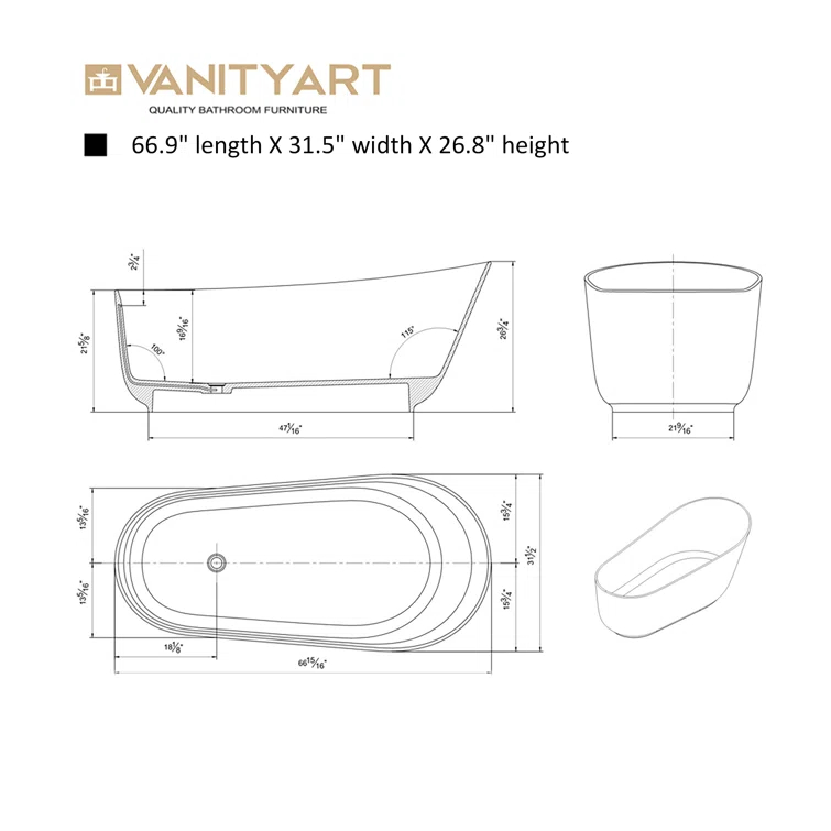 59'' x 30'' Freestanding Soaking Solid Surface Bathtub