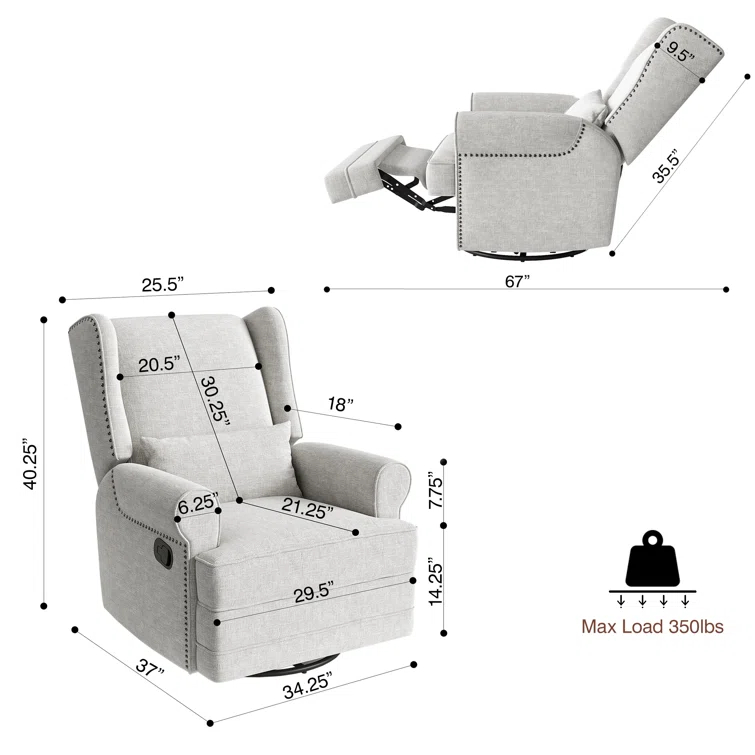 34" Wide Swivel Rocking Nursery Recliner Comfortable Upholstered Glider