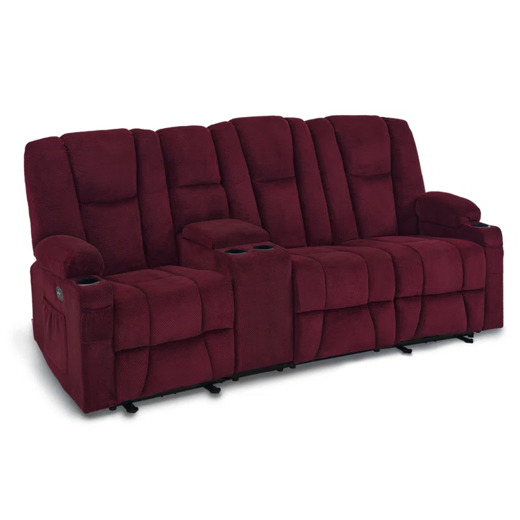 Power Reclining Sofa with Heat and Massage, USB Ports, Cup Holders, 3-Seat Dual Recliner Sofa