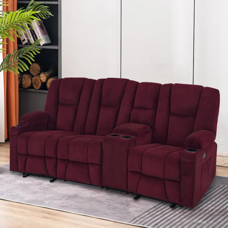 Power Reclining Sofa with Heat and Massage, USB Ports, Cup Holders, 3-Seat Dual Recliner Sofa