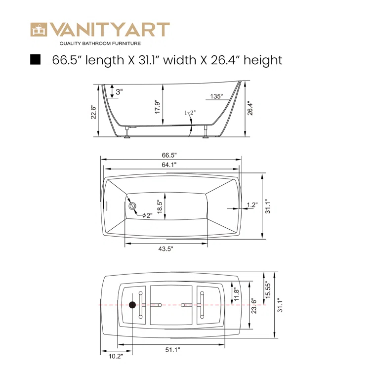 Vanity Art 67" X 31" Acrylic Freestanding Bathtub